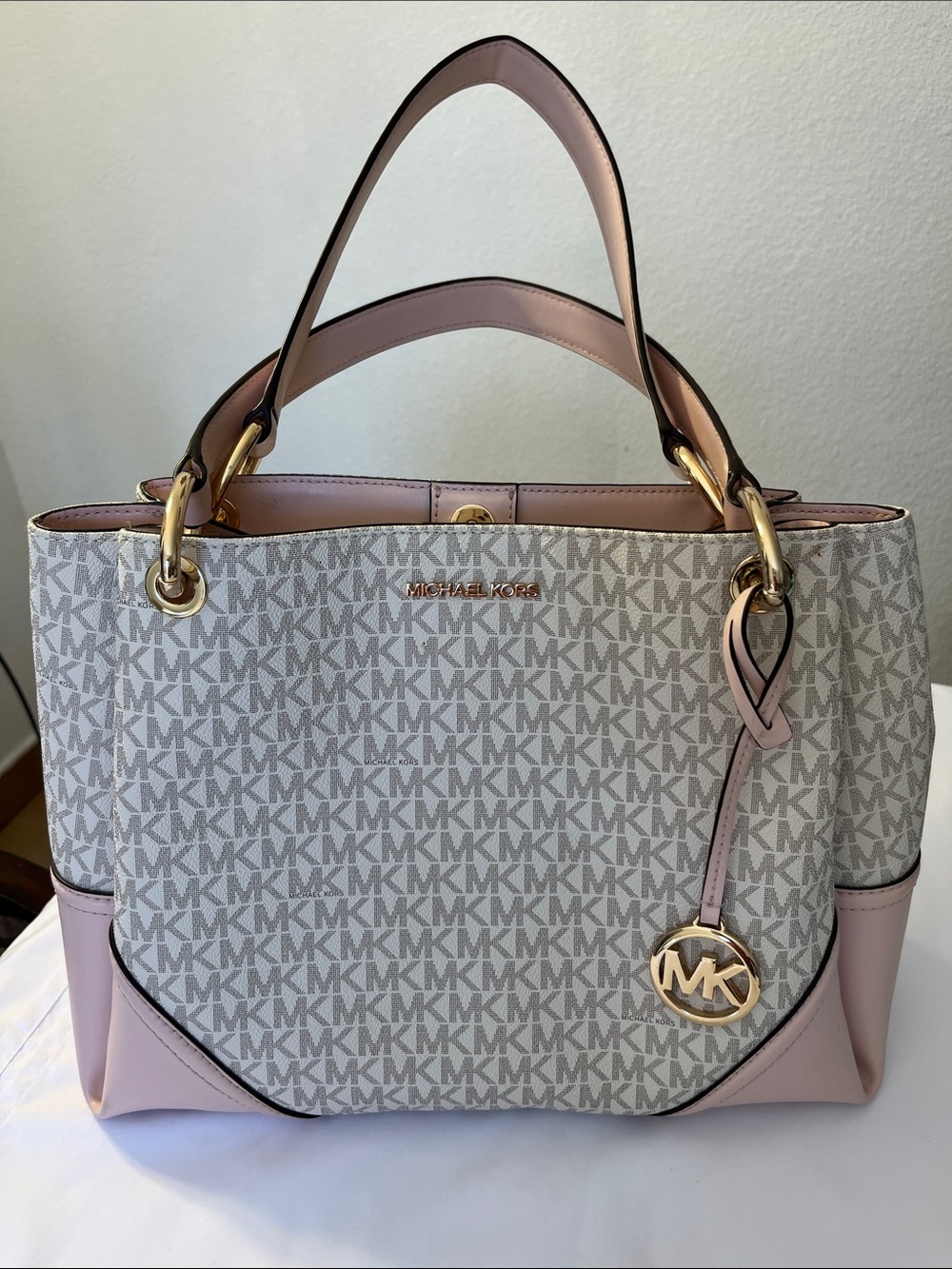 Michael Kors Pink and White MK Logo Shoulder Tote